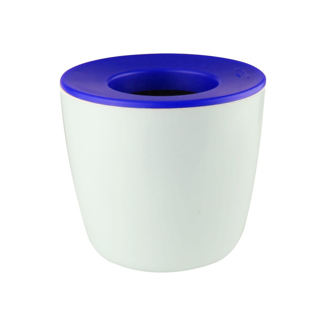 A mini desk plant pot in white with a blue rim, featuring a branding logo. Perfect for home or office decor.