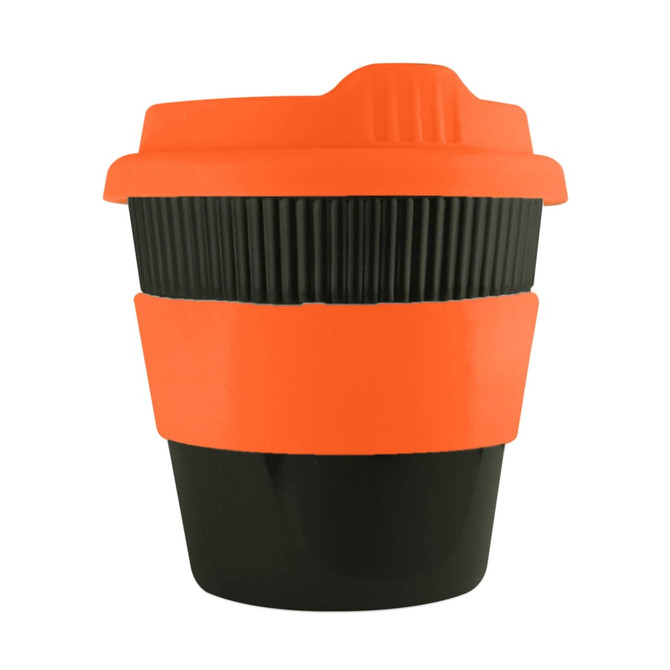 A reusable coffee cup in black and orange, featuring a ribbed design and a logo.