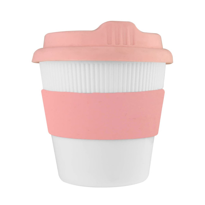 A reusable coffee cup in white with a pink silicone lid and band, featuring a logo.
