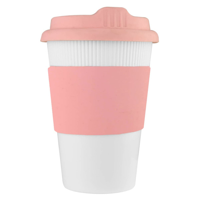 A drink bottle featuring a white body with a pink lid and silicone sleeve, branded as a reusable coffee cup.