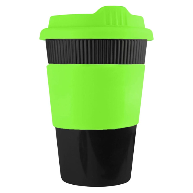 A reusable coffee cup with a bright green lid and sleeve, featuring a black body. It has a logo.