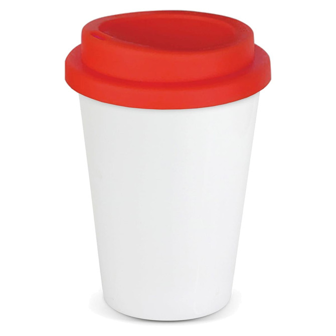 A reusable coffee cup featuring a white body and a red silicone lid, complete with branding.