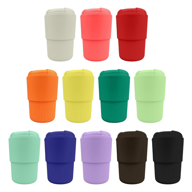 A collection of reusable coffee cups in various colours including peach, red, orange, yellow, green, mint, blue, purple, and brown, featuring a logo.