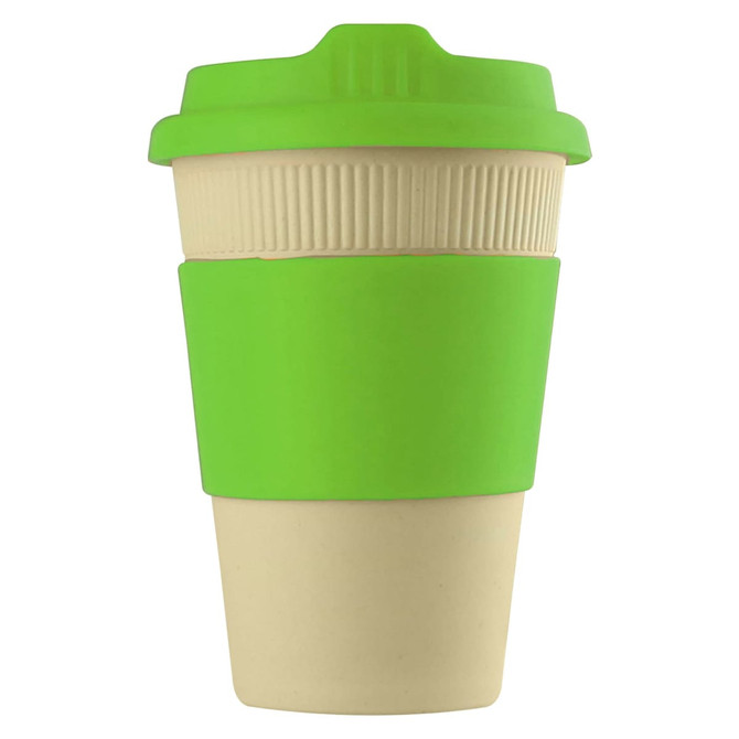 A reusable coffee cup in cream with a bright green lid and grip, featuring a logo.