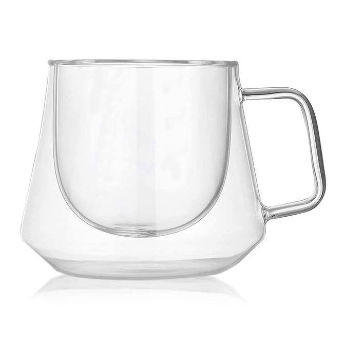 A drink cup with a transparent design, featuring a unique shape and a sturdy handle. Includes branding.