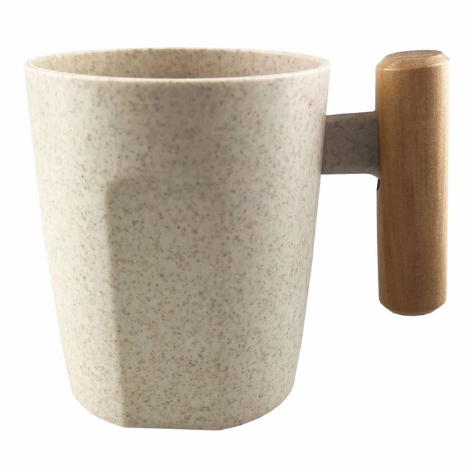 A reusable coffee cup in a speckled beige colour with a wooden handle and a simple design. Features branding.