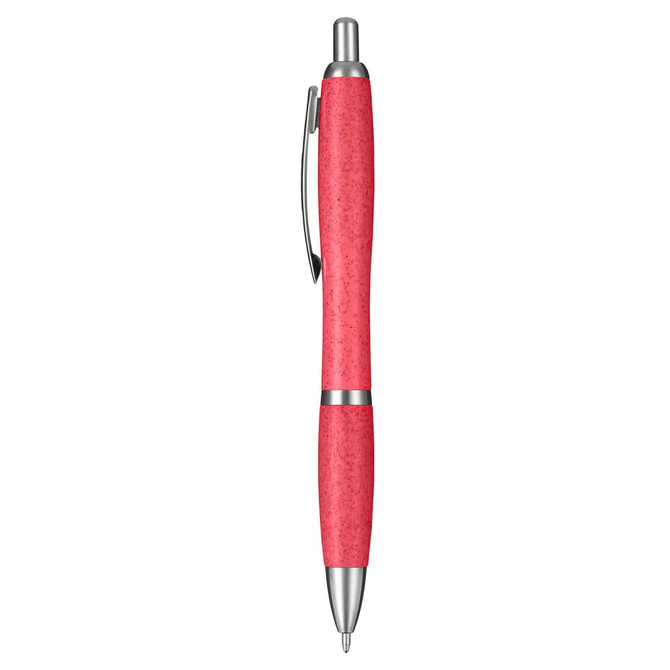 A pink eco pen with metallic accents, featuring a sleek design and a clip for easy attachment.