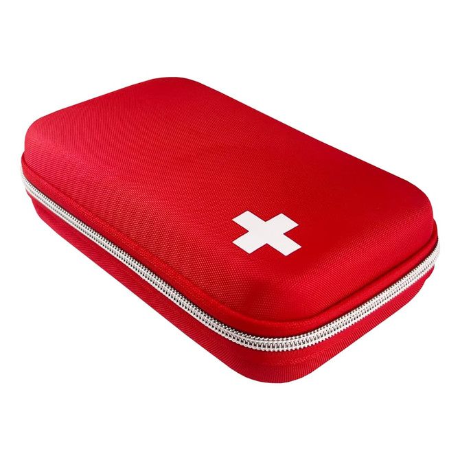 A red first aid case with a white emblem, featuring a zip closure. It has a durable, textured exterior.