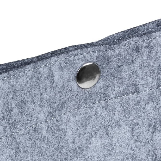 A grey felt tote bag with a metallic snap button detail at the top. It has a simple, modern design.