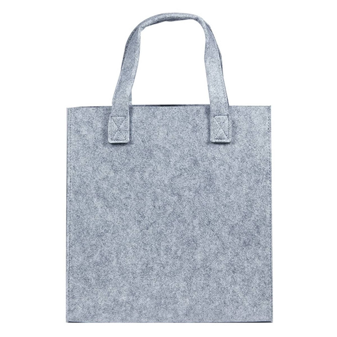 A grey felt tote bag with sturdy handles, featuring a simple design and a branded logo.