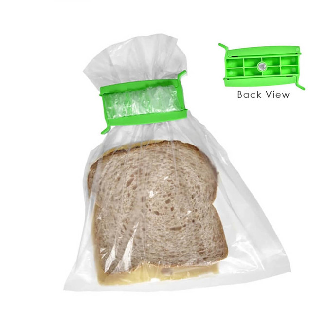 A green food clip secures a plastic bag containing slices of wholemeal bread, accompanied by a back view of the clip.