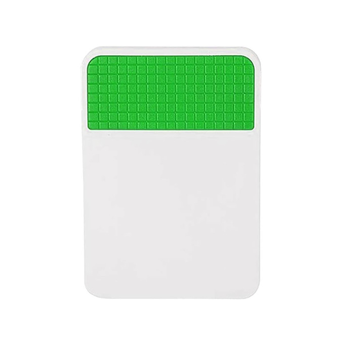 A fridge magnet clip featuring a white body and a textured green top section. It has a logo on the surface.