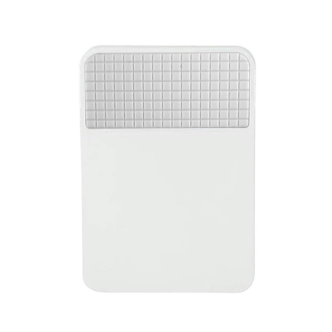 A white fridge magnet clip featuring a textured grey grip section at the top. It has a rectangular shape.