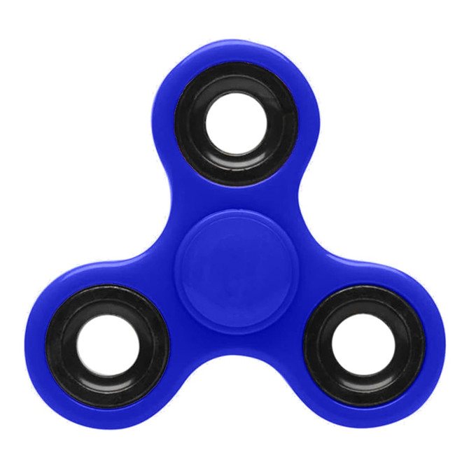 A blue fidget spinner with black bearings and a central button, featuring a smooth, rounded design.