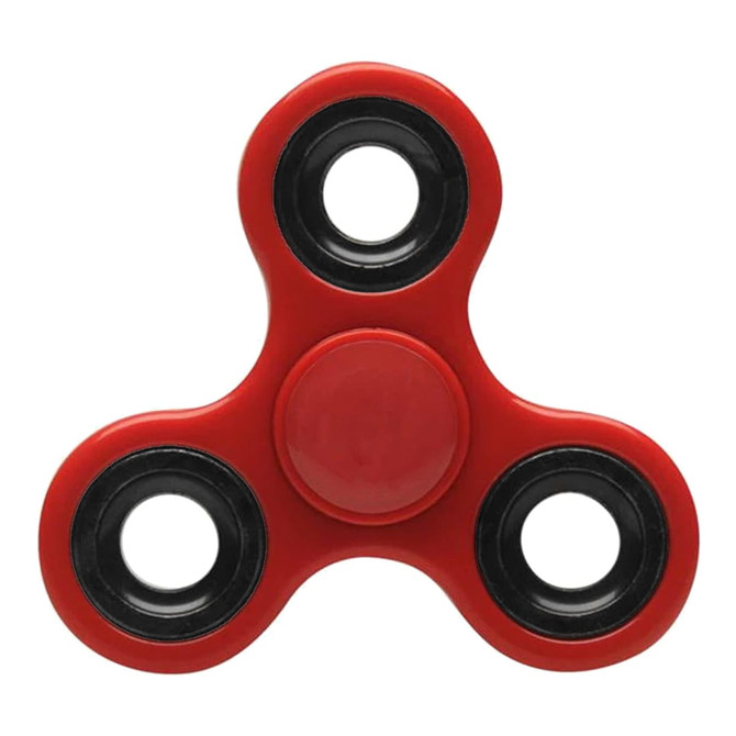 A red fidget spinner with black accents and three spinning arms. It features a central button and has a logo.
