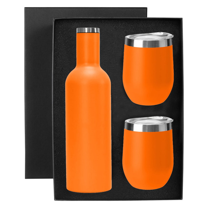 A drink bottle and two cups in bright orange, presented in a black gift box, featuring a logo.