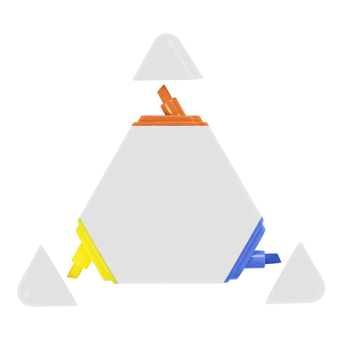 A triangular highlighter set featuring orange, blue, yellow, and white colours, with removable ends.