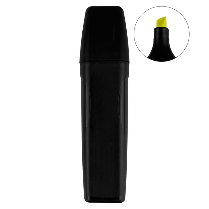 A highlighter in a sleek black casing with a chisel tip in bright yellow. The product features a branding logo.