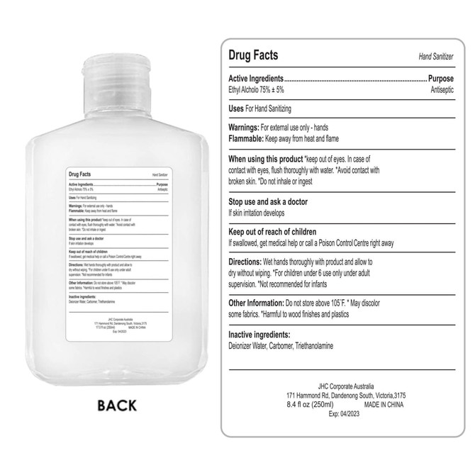 A clear 250ml hand sanitiser gel bottle with 75% alcohol content, featuring an attached label with details and a logo.