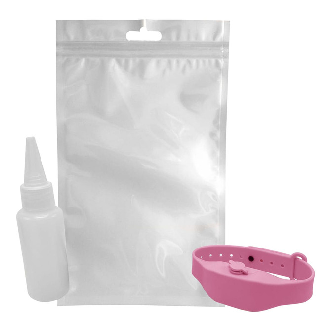 A pink wristband hand sanitiser dispenser alongside a white bottle, all presented in a clear plastic pouch.