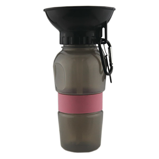 A drink bottle in grey with a black funnel and a pink silicone band, featuring a carabiner and a logo.