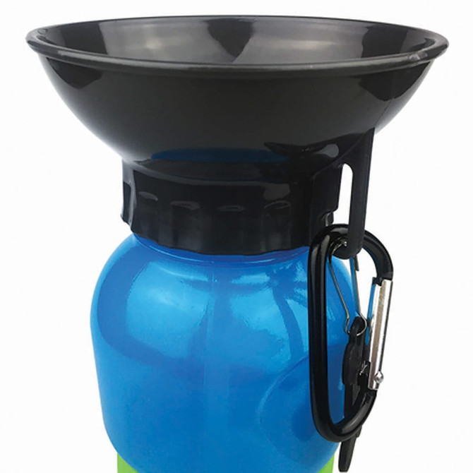 A drink bottle in blue with a black funnel top and a carabiner clip, featuring a logo.