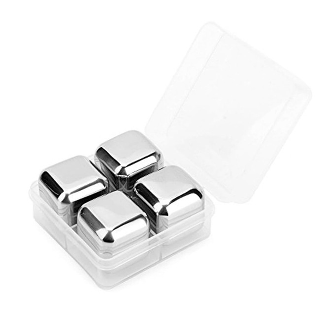 A set of four silver stainless steel ice cubes in a clear plastic case.