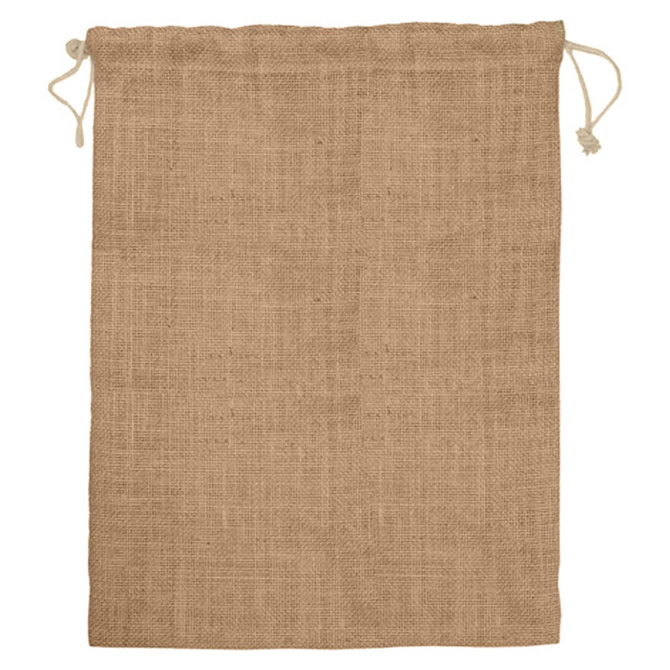 A natural jute bag with a drawstring closure, featuring a textured surface in a light brown hue.