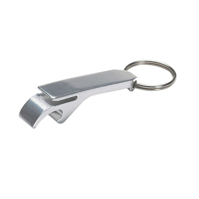 A drink bottle opener key ring in a sleek silver design featuring a circular keyring attachment.