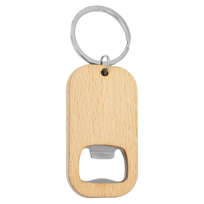 A drink bottle opener key ring made of bamboo, featuring a silver metal opener and attached key ring.