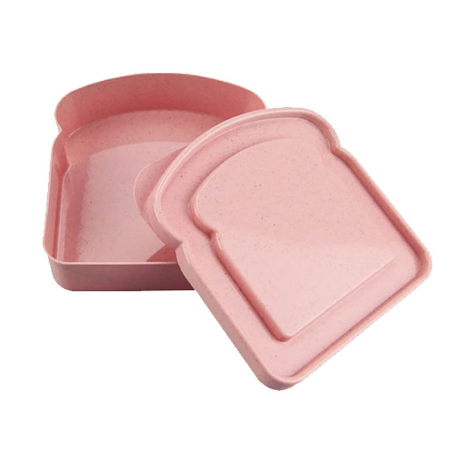 A pink bamboo sandwich box with a lid shaped like a slice of bread. Features a smooth interior and a logo.