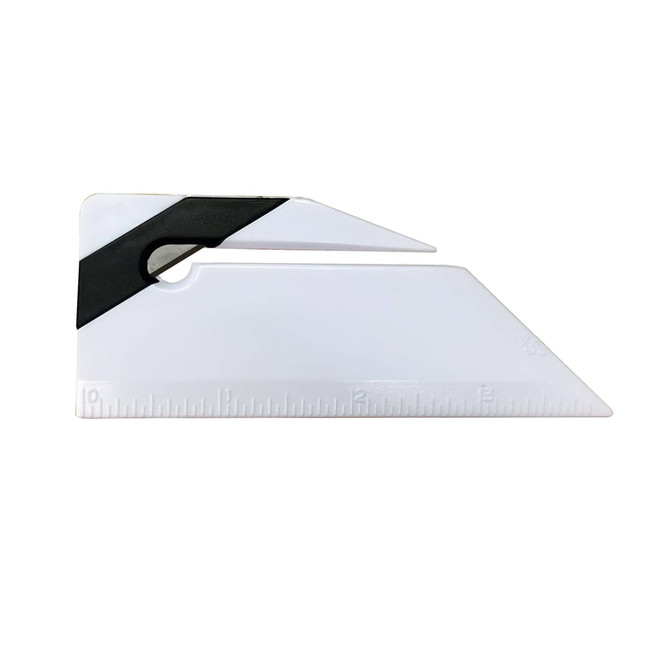 A white ruler letter opener with a black accent and measurement markings along one edge. It has a sleek design.