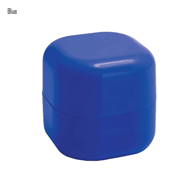 A blue cube-shaped lip balm container with a smooth finish and a lid. It features a logo on the surface.