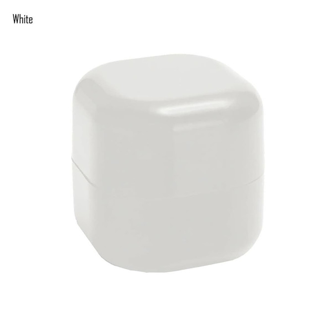 A white cube-shaped lip balm container with a smooth surface and a hinged lid.