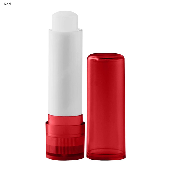 A lip balm stick with a white balm and a bright red casing. The packaging has a clear cap and a twist base.