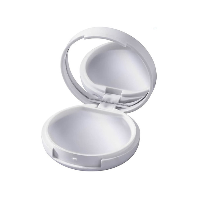 A white lip gloss container with a mirror inside, featuring a smooth, rounded design and a secure clasp.