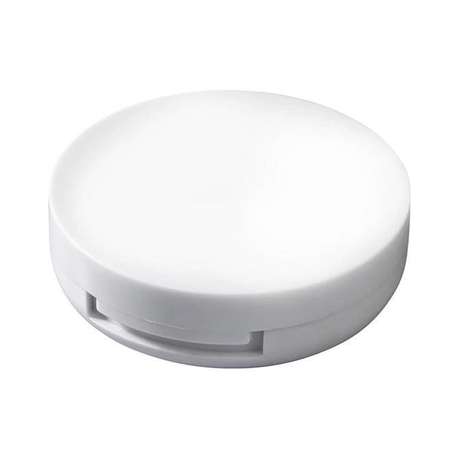 A round, white lip gloss container with a built-in mirror. Features a smooth, minimalist design.