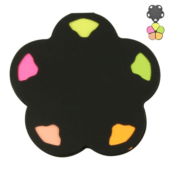 A flower-shaped sticky note pad in black with bright pink, orange, yellow, and green note sections. It has a logo.