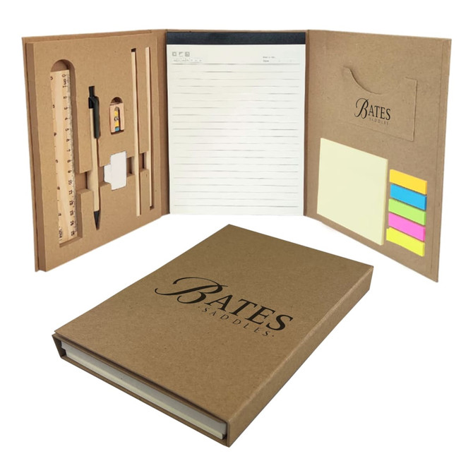 A brown stationery set with a notebook, sticky notes, a ruler, a pen, and a pocket for small items, featuring a logo.