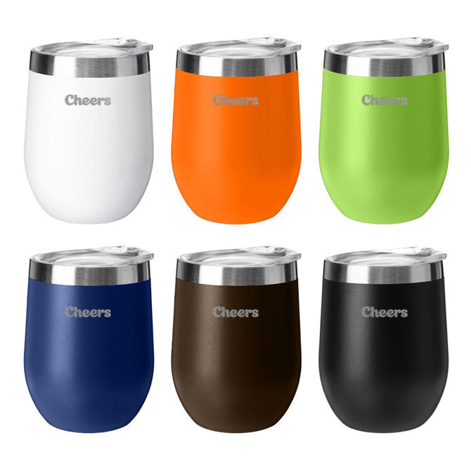A collection of six insulated travel mugs in white, orange, green, navy, brown, and black with silver lids. Each has a logo.