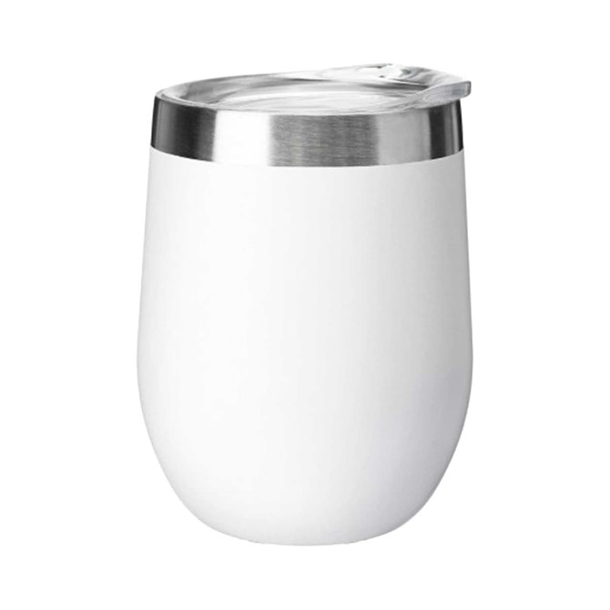 A travel mug in white with a stainless steel lid, featuring a simple and modern design. It has a logo on it.