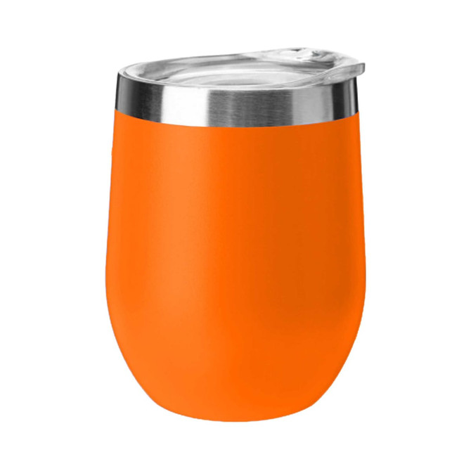 An orange travel mug with a stainless steel lid and a smooth finish, featuring a logo.