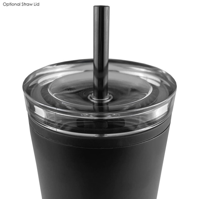 A travel mug with a black exterior, clear lid, and metal straw. Features a logo on the side.