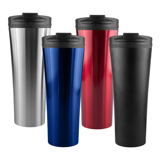 A range of travel mugs in silver, blue, red, and black, each with a black lid and a logo.