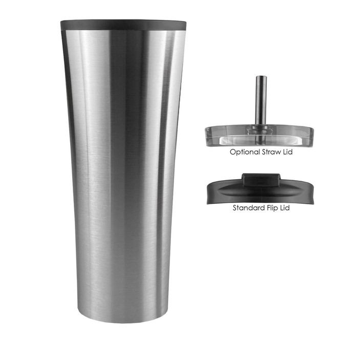 A stainless steel travel mug with a removable standard flip lid and an optional straw lid.