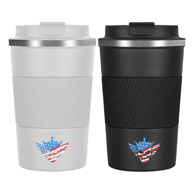 A travel mug set featuring a white mug and a black mug, both with a textured grip and branding.