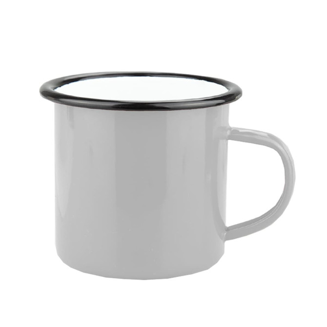 A grey enamel camper mug with a black rim and a sturdy handle. It features a logo on the side.