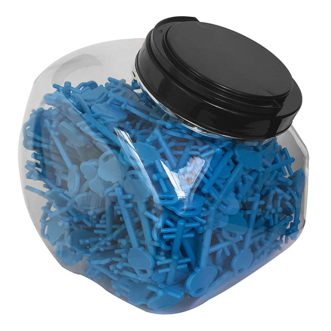 A clear jar filled with blue mobile key stands, featuring a black lid on top.