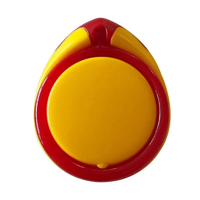 A phone stand shaped like a teardrop, featuring bright yellow and red colours, with a logo on the surface.