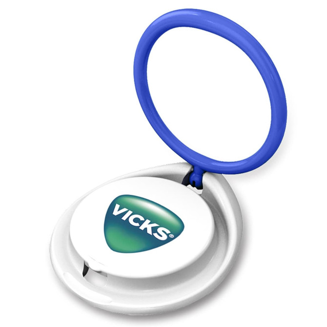 A white and blue phone stand featuring a circular ring and a logo on the base.